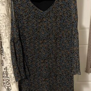 CAbi V-Neck Long Sleeve Dress in Black, Blue, and Brown Dot Print